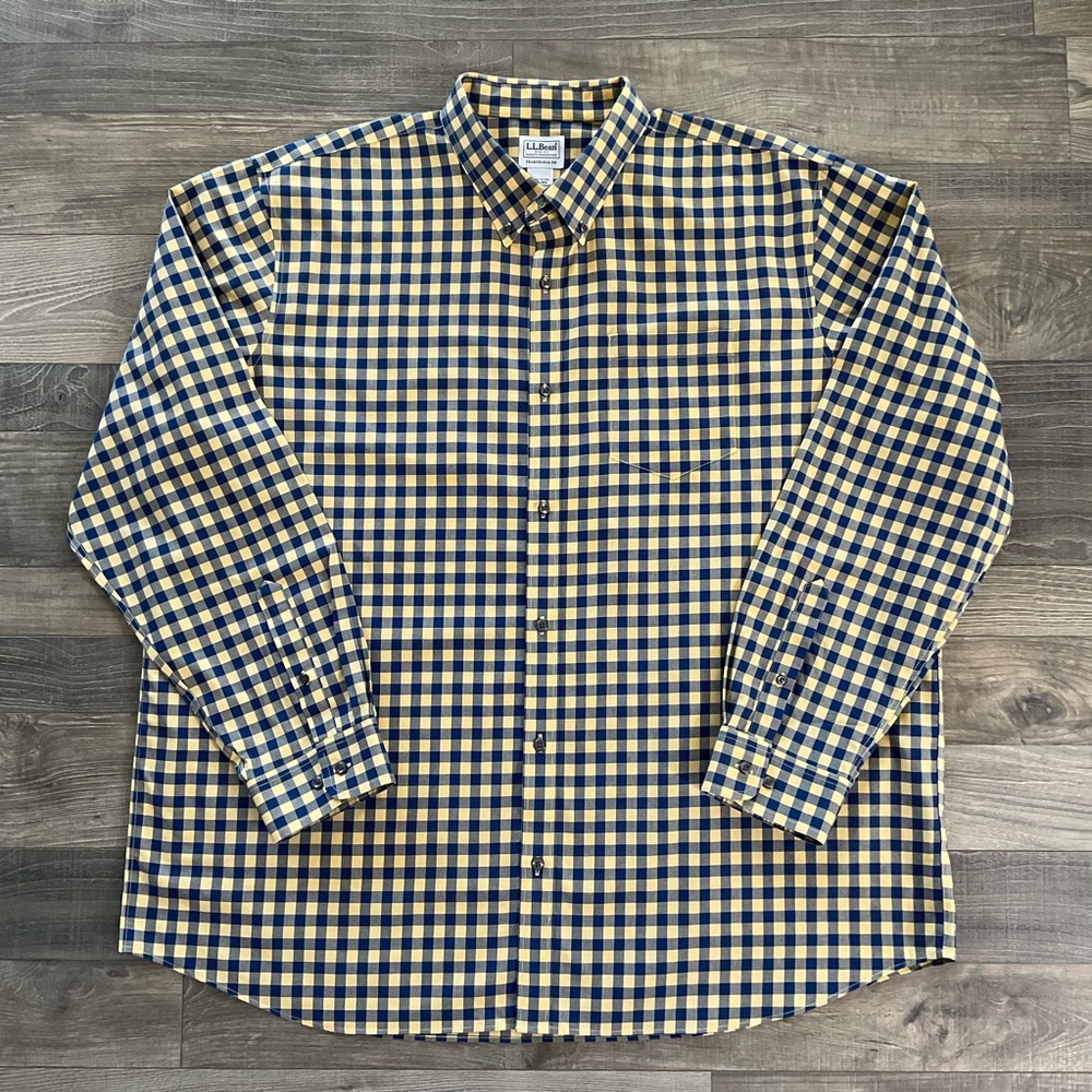LL Bean Wrinkle-Free Kennebunk Sport Shirt Men’s XXL Navy Yellow Trad Fit 288292